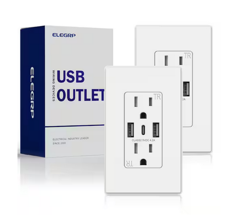21W USB Wall Outlet w/Dual Type A and Type C USB Ports, 15 Amp Tamper Resistant Outlet, w/Wall Plate, White (2-Pack) - 91009419653