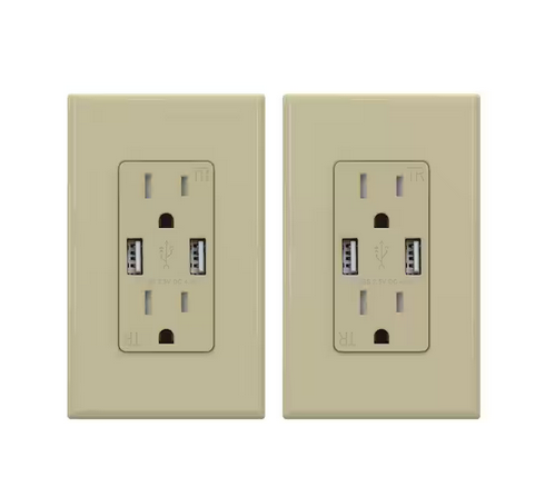 4.0 Amp Dual USB Ports with Smart Chip, 15 Amp Duplex Tamper Resistant Outlet, Wall Plate Included, Ivory (2-Pack) - 91006202368