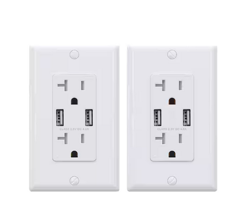 4.0 Amp Dual USB Ports with Smart Chip, 20 Amp Duplex Tamper Resistant Outlet, Wall Plate Included, white (2-Pack) - 91006202370