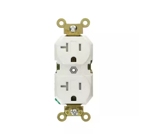 20 Amp Industrial Grade Heavy Duty Tamper Resistant Self Grounding Duplex Outlet, White