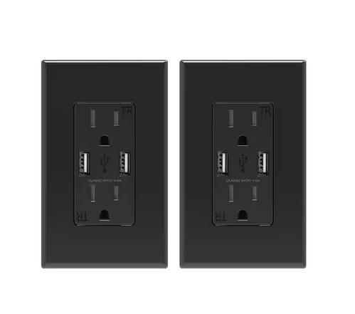 4 Amp USB Dual Type A In-Wall Charger with 15 Amp Duplex Tamper Resistant Outlet, Wall Plate Included, Black (2-Pack) - 91005748939
