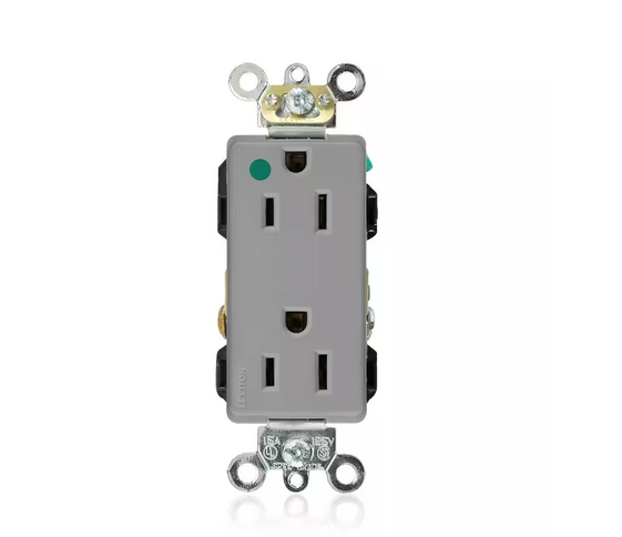 Decora Plus 15 Amp Hospital Grade Extra Heavy Duty Self Grounding Duplex Outlet, Gray