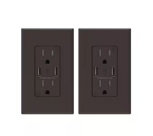 4 Amp USB Dual Type A In-Wall Charger with 15 Amp Duplex Tamper Resistant Outlet, Wall Plate Included, Brown (2-Pack) - 91005748940