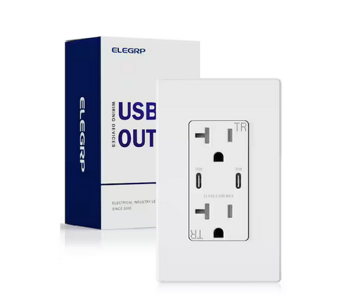 30-Watt Dual Type C USB Duplex Wall Outlet for PD and QC, 20 Amp Receptacle, w/Wall Plate (1-Pack, White) - 91010020850