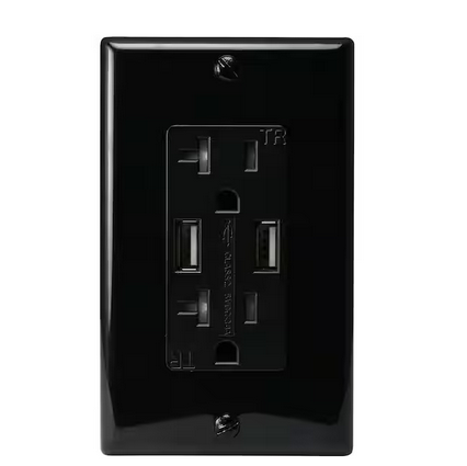 Two 3.4 Amp USB Two 20 Amp AC Wall Outlet and USB Charging Ports Wall Plate Tamper Resistant, Black - 91004151327