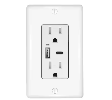 3.6-Amp 5-Volt Type A and C USB Duplex Wall Outlet with 15-Amp 125-Volt Tamper-Resistant Receptacle, White - 91006837159