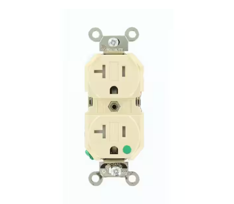 20 Amp Hospital Grade Extra Heavy Duty Tamper Resistant Self Grounding Duplex Outlet, Ivory