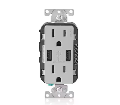 3.6 Amp USB Dual Type A In-Wall Charger with 15 Amp Tamper-Resistant Outlets, Light Gray - 91005348768