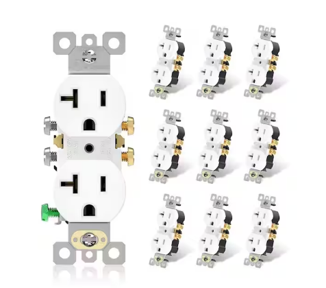 20 Amp 125-Volt Residential Grade Self Grounding Duplex Outlet, White (10-Pack) - 91006547745