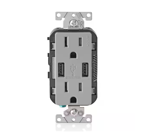 3.6A USB Dual Type A In-Wall Charger with 15 Amp Tamper-Resistant Outlets, Gray - 91002787605