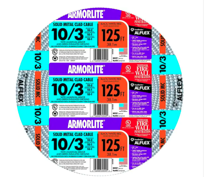 10/3 x 125 ft. Solid CU MC (Metal Clad) Armorlite Cable - 9455744