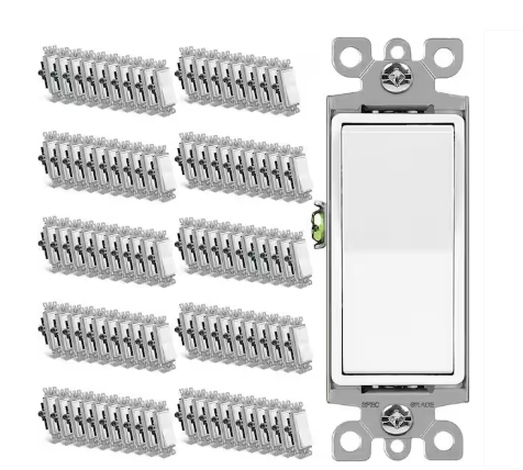 15 Amp Single-Pole Illuminated Antimicrobial Rocker Light Switch, White 100-Pack 120/277V UL Listed - 91010997127