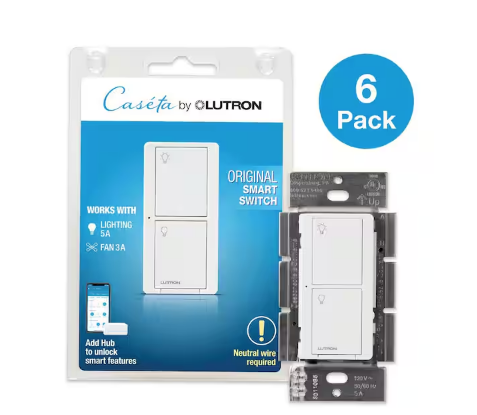 Caseta Smart Switch for All Bulb Types or Fans, 5A, Neutral Wire Required, White (PD-5ANS-WH-R-6) (6-Pack) - 91007777000