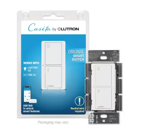 Caseta Smart Switch for All Bulb Types or Fans, 5A, Neutral Wire Required, White (PD-6ANS-WH) - 91001608759