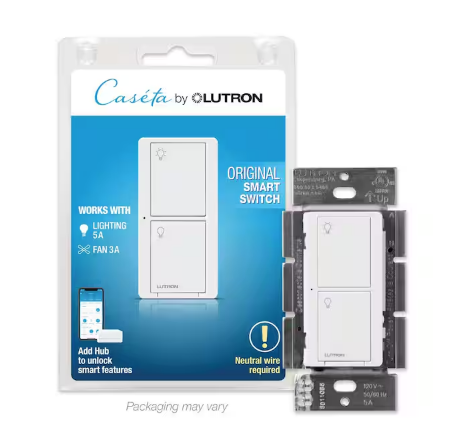 Caseta Smart Switch for All Bulb Types or Fans, 5A, Neutral Wire Required, White (PD-5ANS-WH-R) - 91002550913