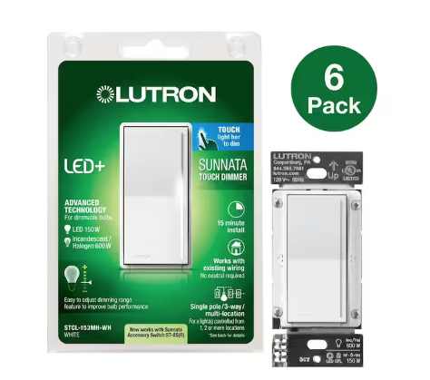 Sunnata Touch Dimmer Switch, for LED Bulbs, 150-Watt LED/3 Way or Multi Location, White (STCL-6PKMH-WH) (6-Pack) - 91009477158