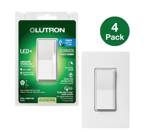 Sunnata Touch Dimmer Switch w/Wallplate, for LED Bulbs, 150W/3 Way or Multi Location, White (STCL-4PKMHW-WH) (4-Pack) - 91008649393