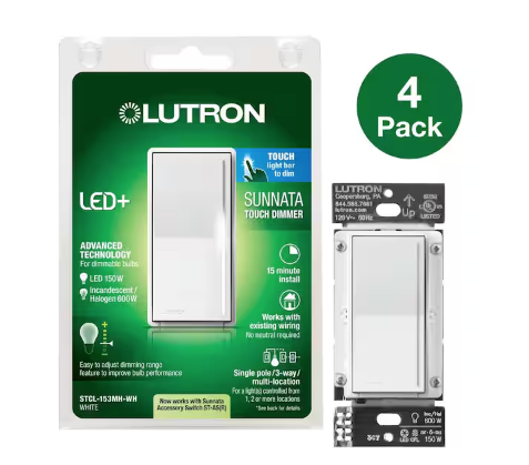 Sunnata Touch Dimmer Switch, for LED Bulbs, 150-Watt LED/3 Way or Multi Location, White (STCL-4PKMH-WH) (4-Pack) - 91009477155