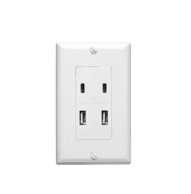 4.8 Amp, 5-Volt 2-Port USBA and 2-Port USBC Charger Duplex Wall Outlet Receptacle, White - 91009743825
