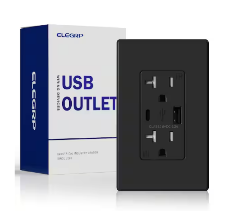 21W USB Wall Outlet with Type A and Type C USB Ports, 20 Amp Tamper Resistant, with Screwless Wall Plate,Black (1 Pack) - 91008253288