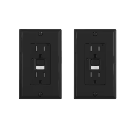 Black 15 Amp 125-Volt Tamper Resistant Duplex Self-Test GFCI Outlet with Night Light, with Wall Plate (2-Pack) - 91010983263