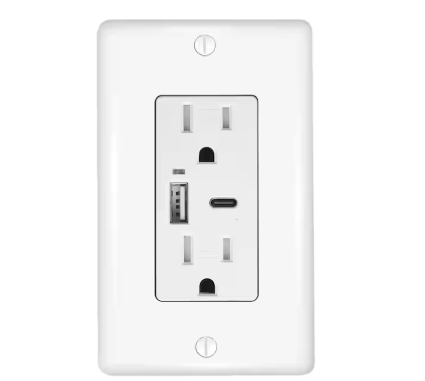 3.6-Amp 5-Volt Type A and C USB Duplex Wall Outlet with 15-Amp 125-Volt Tamper-Resistant Receptacle, White - 91006837159