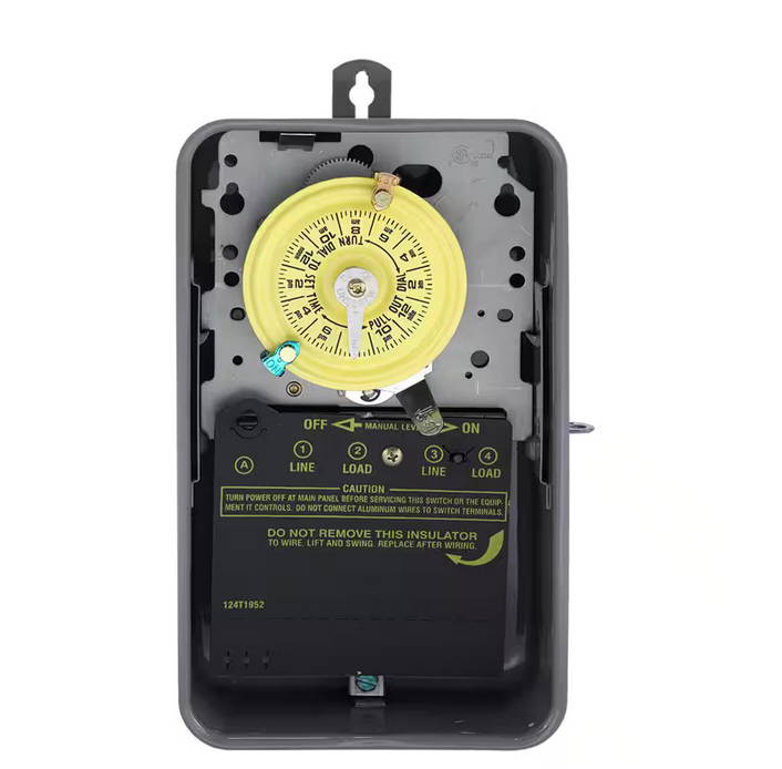 T100 Series 40 Amp 24-Hour Outdoor Mechanical Timer with Double Pole Single Throw switching 240 VAC, Gray - 9807478
