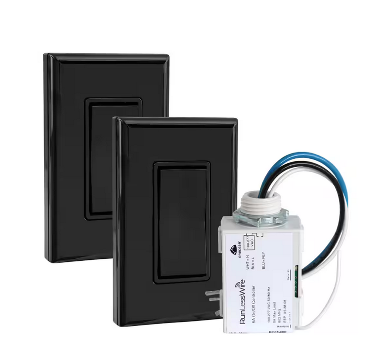 Simple 3-Way Wireless Light Switch Kit with 1 Receiver and 2 Single-Rocker Light Switches (Black) - 91008150113