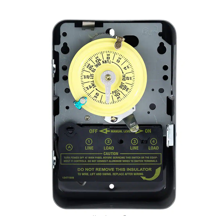 T100 Series 40 Amp 24-Hour Indoor Mechanical Timer with Double Pole Single Throw Switching 120 VAC, Gray - 9983053