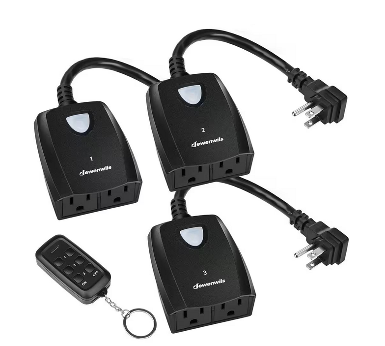 Outdoor Remote Control Outlet Switch Set, Black, 1 Remote 3 Outlets for Lamp/Lights/Fans - 91011953334