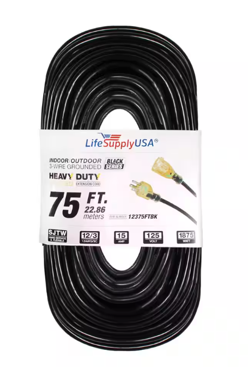 75 ft. 12/3 SJTW 15 Amp 125-Volt 1875-Watt Lighted End Indoor/Outdoor Black Heavy-Duty Extension Cord