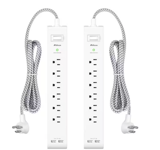 6-Outlet Power Strip Surge Protector with 2 USB Charging Ports and 15 ft. Extension Cord, White (2-Pack) - 91011701805