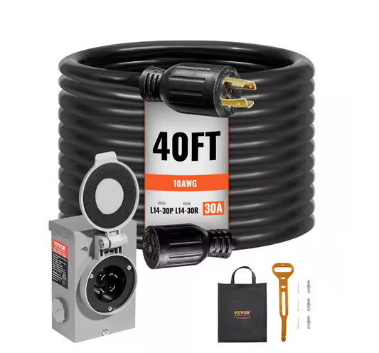 40 ft. 30 Amp 250-Volt Generator Cord and Power Inlet Box Kit NEMA L14-30P/L14-30R STW 10 AWG Generator Extension Cord - 91012168677