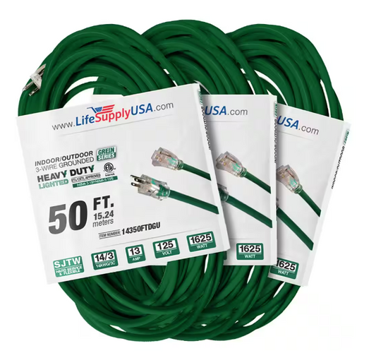 50 ft. 14-Gauge/3-Conductors SJTW 15 Amp Indoor/Outdoor Extension Cord with Lighted End Green (3-Pack) - 91012243394