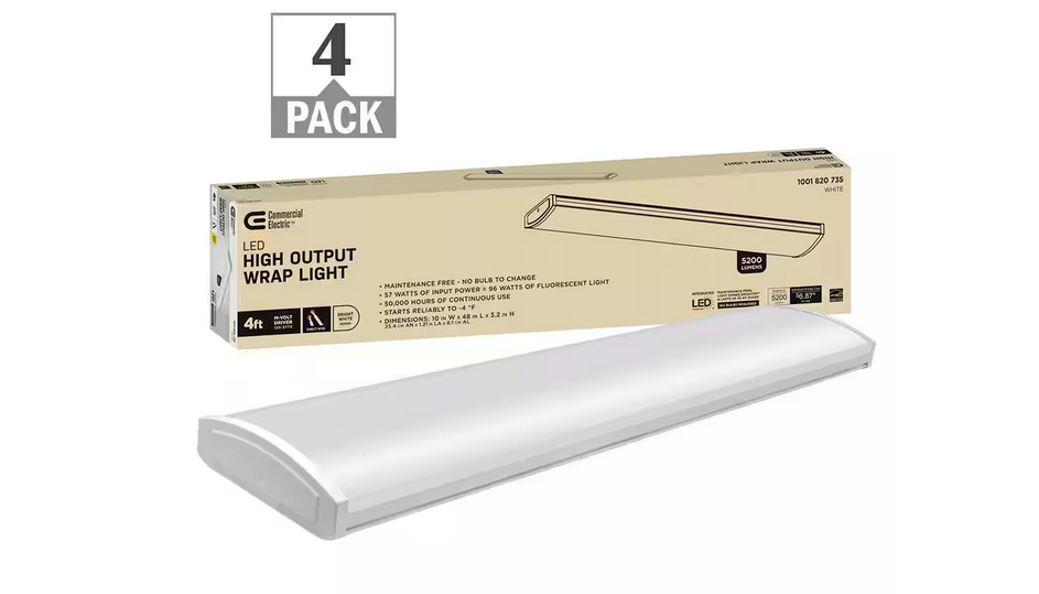 4 ft. 96-Watt Equivalent 5200 Lumens White Integrated LED Shop Light Garage Light 120-277v 4000K Bright White (4-Pack) - 91009542503