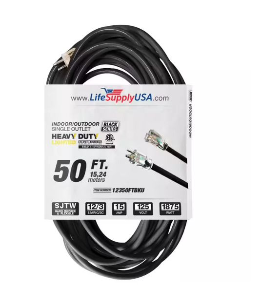 50 ft. 12-Gauge/3 Conductors SJTW Indoor/Outdoor Extension Cord with Lighted End Black (1-Pack) - 91011716594