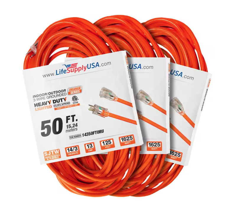 50 ft. 14-Gauge/3-Conductors SJTW 15 Amp Indoor/Outdoor Extension Cord with Lighted End Orange (3-Pack) - 91012243729