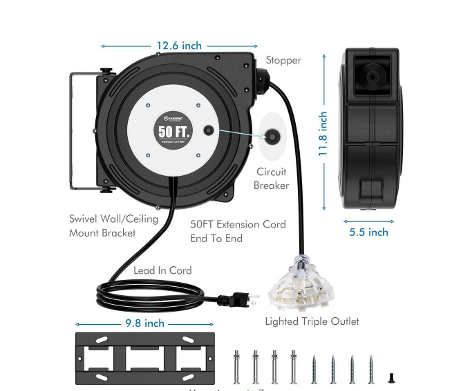 50 ft. 14AWG/3C, 13 Amp Retractable Extension Cord Reel with 3 Grounded Outlet, Wall or Ceiling Mountable, Black - 91010529846