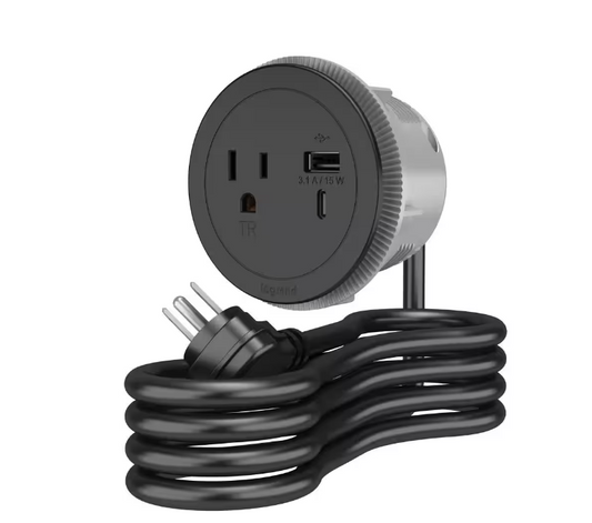 6 ft. Cord 15 Amp 1-Outlet and 2 Type A/C USB Round Recessed Furniture Power Strip in Black - 91005774944