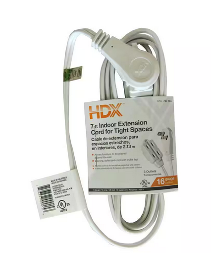 7 ft. 16/2 Indoor Tight Space Cube Tap Extension Cord, White - 9767184