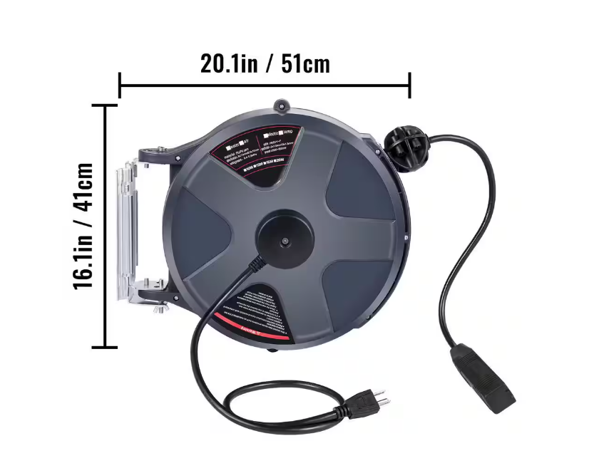 Retractable Extension Cord Reel 50 ft. Plus 3.2 ft. 16AWG/3C SJT with 3-Outlets Grounded Triple Tap Wall/Ceiling Mount - 91009434702