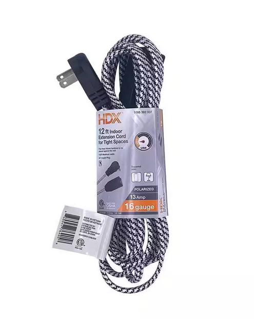 12 ft. 16/2 Light Duty Indoor Braided Tight Space Extension Cord, Black/White - 91005392337