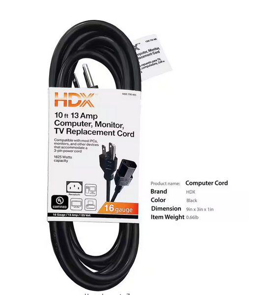 10 ft. 16/3 Light Duty Computer, Monitor, TV Replacement Cord, Black - 91006750405