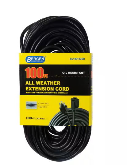 100 ft. 14/3 SJTOW 15 Amp/125-Volt All Weather Farm and Shop Extension Cord, Black - 91005068618