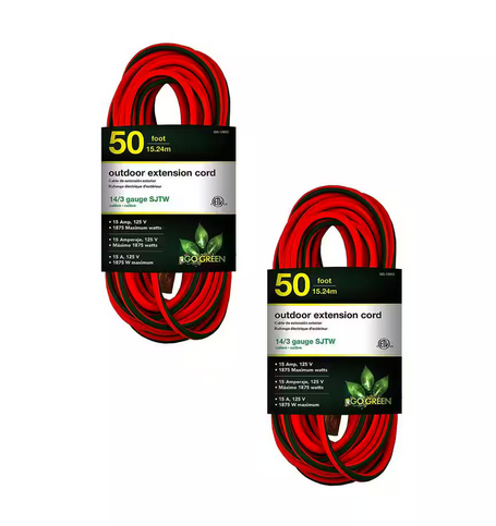 50 ft. 14/3 SJTW Outdoor Extension Cord - Orange with Green Lighted End (2-Pack)