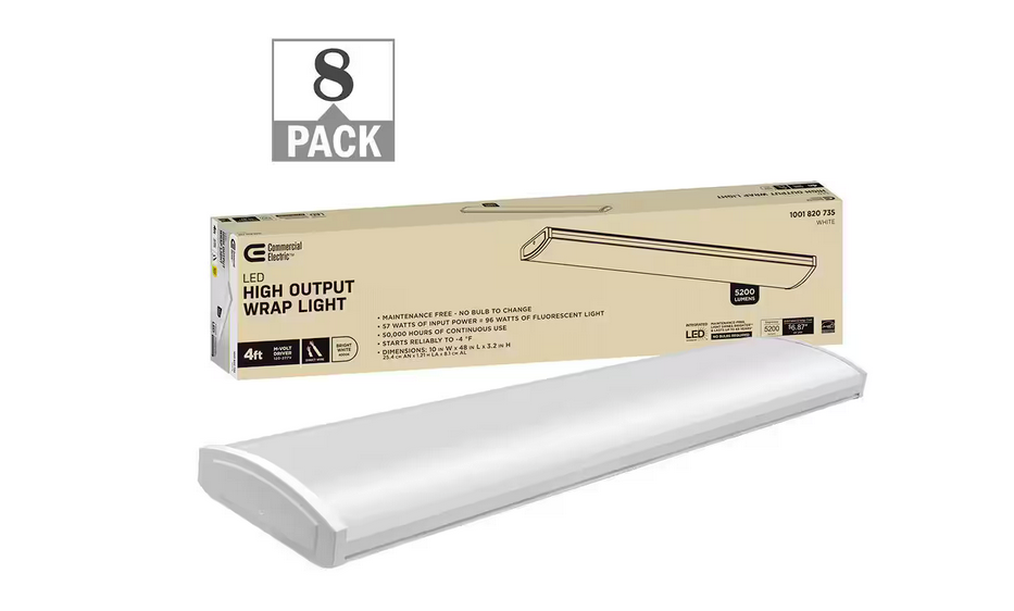 4 ft. 96-Watt Equivalent 5200 Lumens White Integrated LED Shop Light Garage Light 120-277v 4000K Bright White (8-Pack) - 91009542405