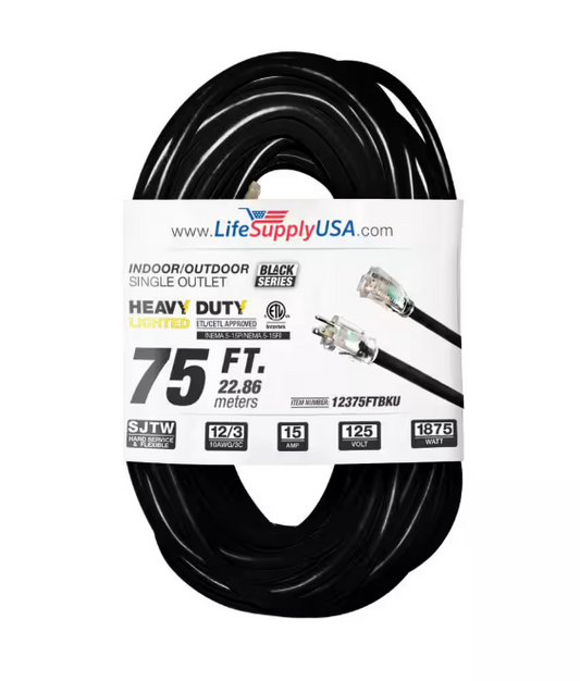 75 ft. 12-Gauge/3 Conductors SJTW Indoor/Outdoor Extension Cord with Lighted End Black (1-Pack) - 91011696025