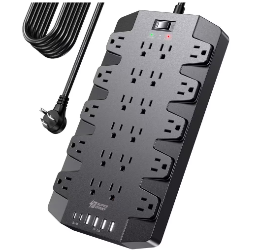 14-Outlets Power Strip Surge Protector with 2 USB-C, 4 USB-A & 15 ft. Flat Plug Extension Cord, Wall Mount in Black - 91012027343