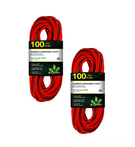 100 ft. 14/3 SJTW Outdoor Extension Cord - Orange with Green Lighted End (2-Pack)