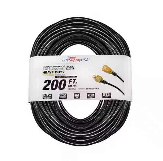 200 ft. 10/3 SJTW 10 Amp 125-Volt 1250-Watt Lighted End Indoor/Outdoor Black Heavy-Duty Extension Cord (2-Pack)